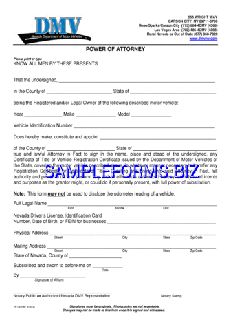 Nevada Motor Vehicle Power of Attorney Form pdf free